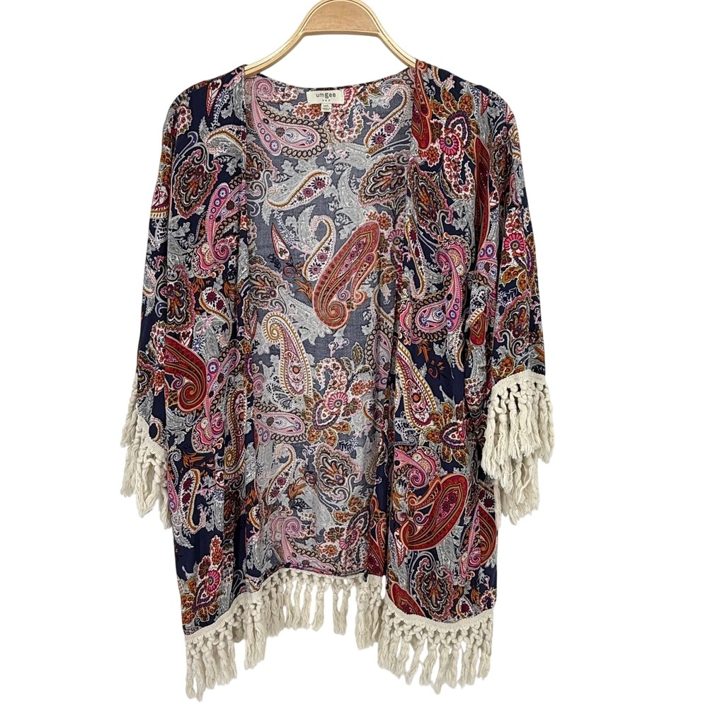 Umgee Paisley Kimono Cardigan Womens M/L Navy Blue Excellent Fringed Boho Wrap